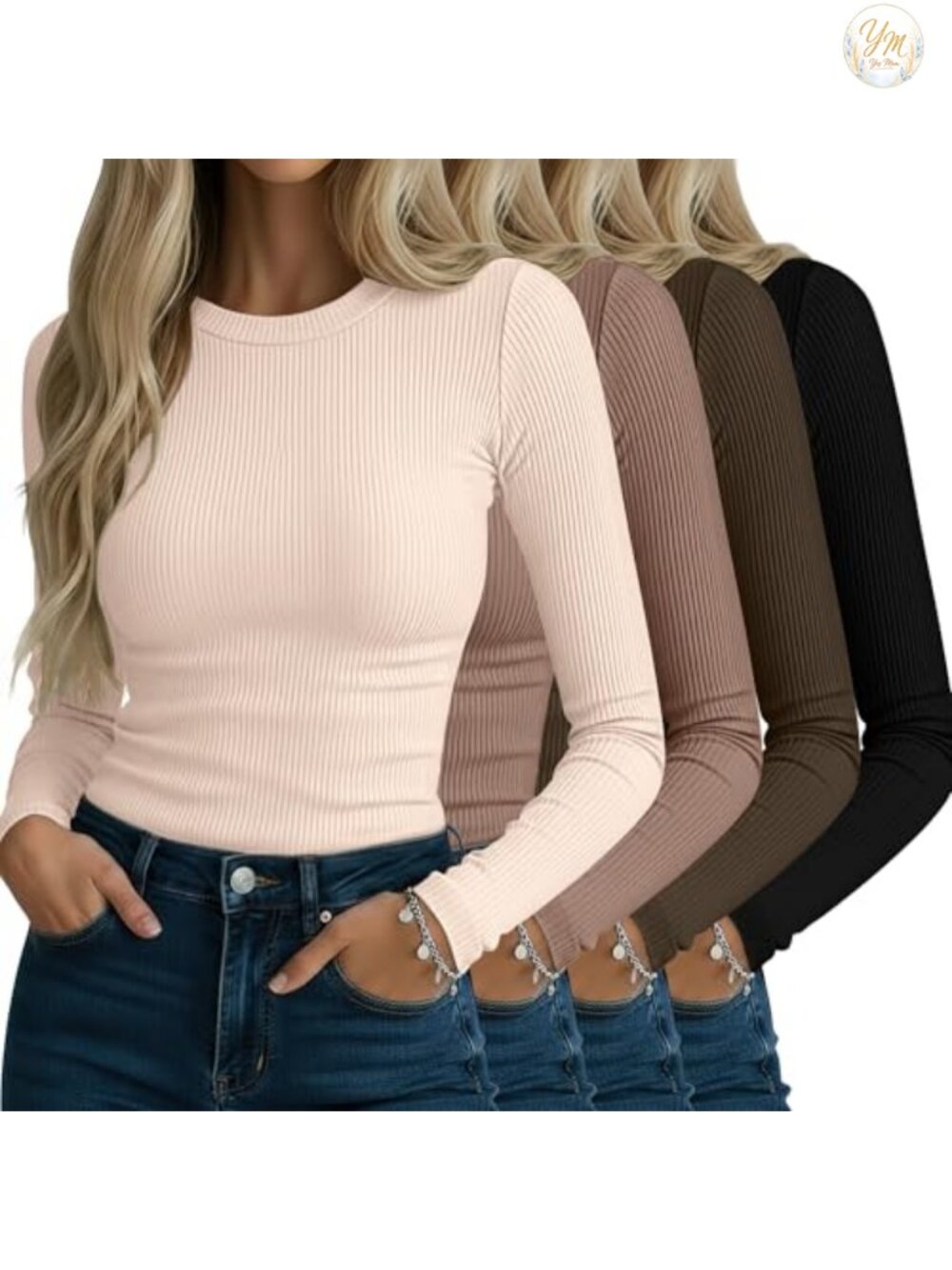 4 Pack Women's Ribbed Long Sleeve Cotton T Shirts